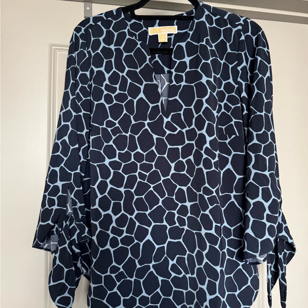 Michael Kors Navy and Light Blue Giraffe-Print Long Sleeve Blouse